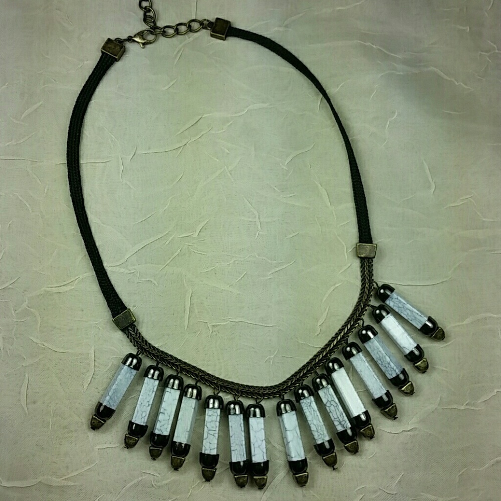 White Gray Marble Bead Statement Necklace Black Leather Crd Tribal Boho Festival